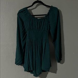 Hollister Teal Long-Sleeve Smocked Waist Peasant Blouse